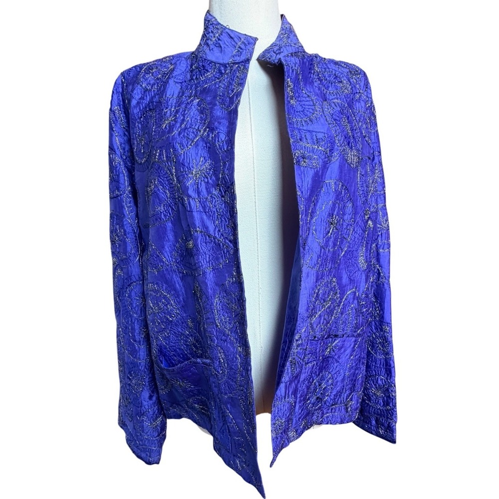 Vintage Chico’s Silk Embroidered Art to Wear Jacket Purple Metallic Size 2